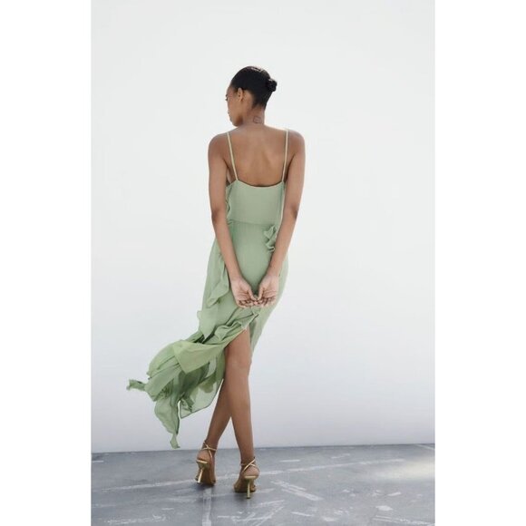 NWT ZARA Sea Green Chiffon Ruffle Cascading Long V-Neck Maxi Dress, Size L - Picture 12 of 15